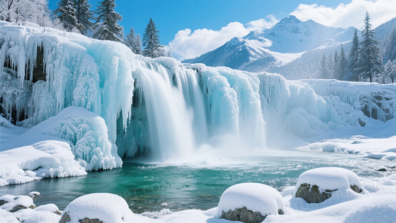 冰封瀑布雪潭松林侧逆光图片