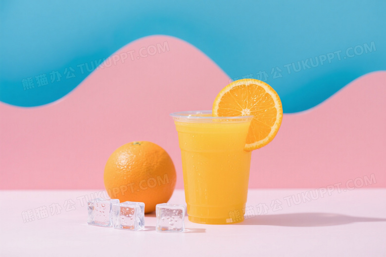 鲜榨橙汁杯与橙子冰块柔光图片