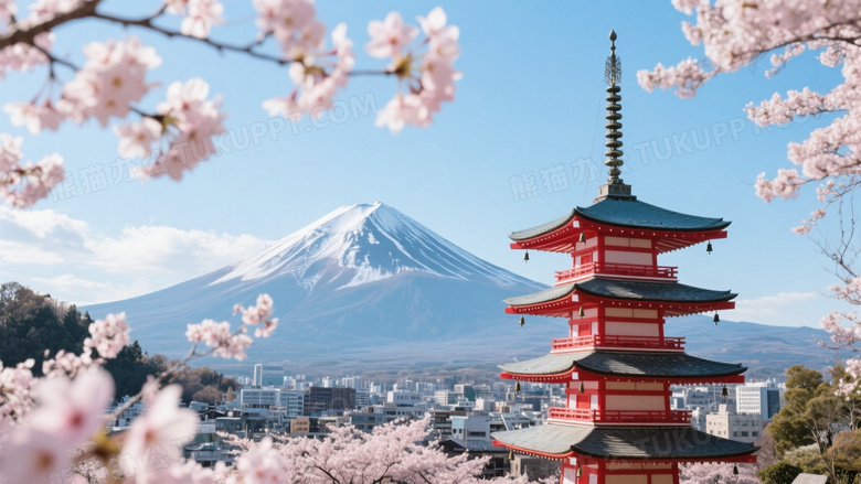 富士山樱花宝塔城市风光图片