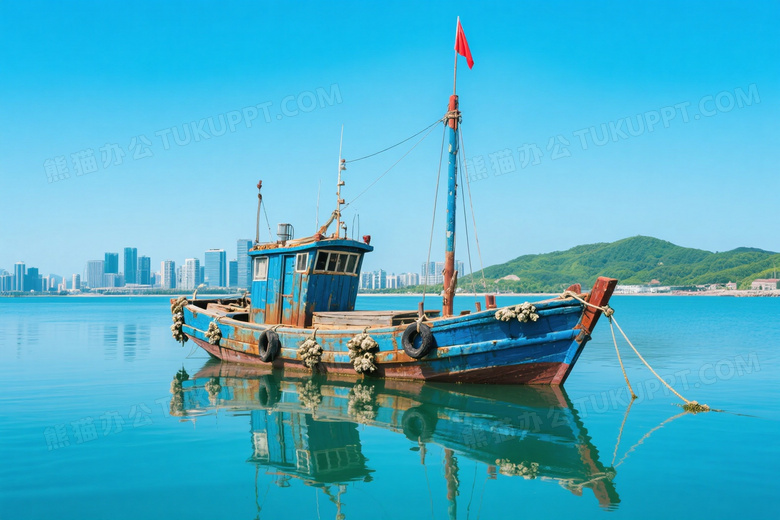 锈蓝渔船停泊海面倒影图片