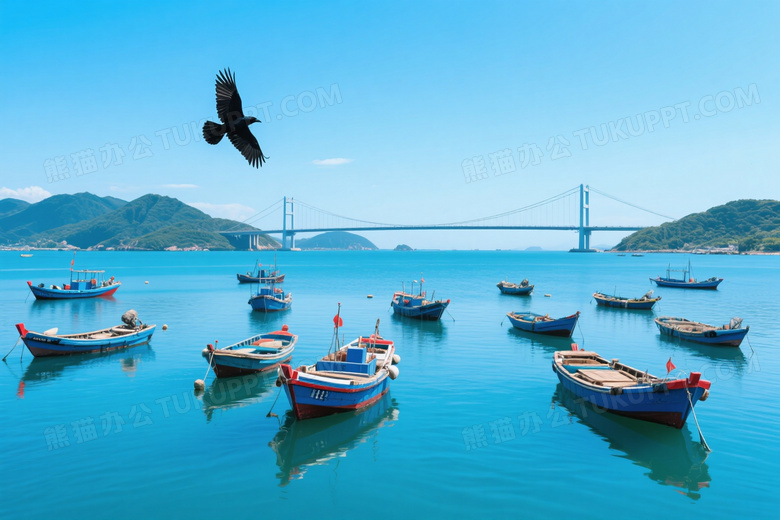 蓝海渔船与跨海大桥远景图片