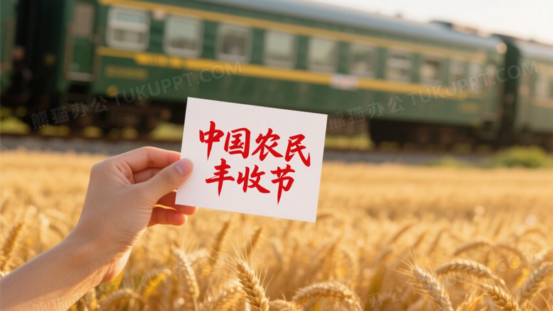 手举丰收节卡片麦田火车背景图片