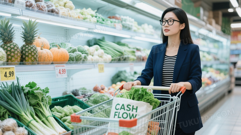 亚洲女性超市生鲜区推车选购图片
