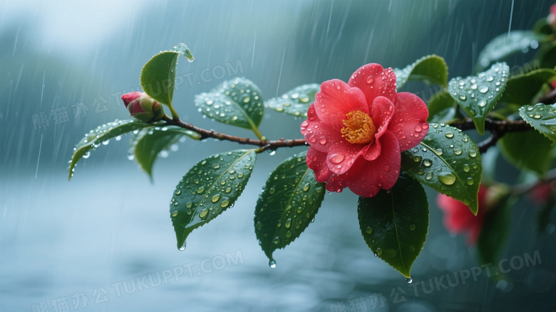 雨中红山茶花枝特写图片