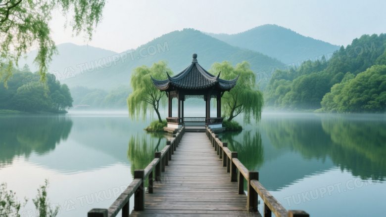 湖中栈桥连六角亭倒影图片