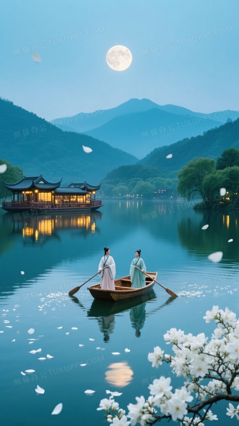 木舟载人划桨湖面月夜图片