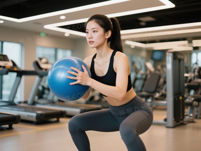 亚洲女性健身房深蹲持球图片