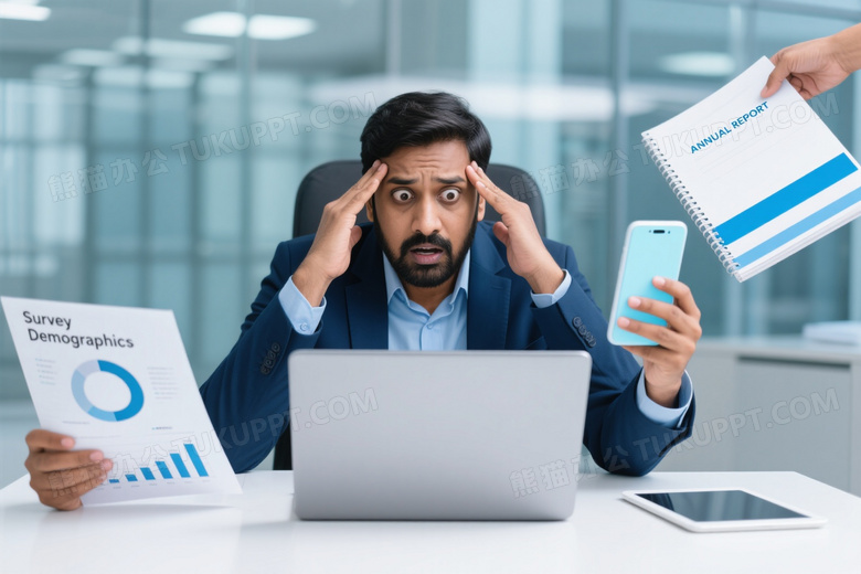 焦虑南亚男性办公桌前看报表图片