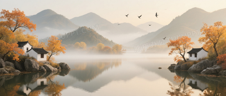 秋日湖景山水画风图片