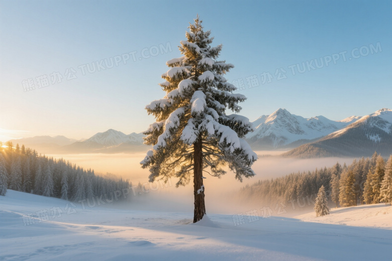 雪松覆雪晨曦逆光图片