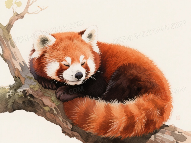 红熊猫蜷卧树枝休憩水彩图片