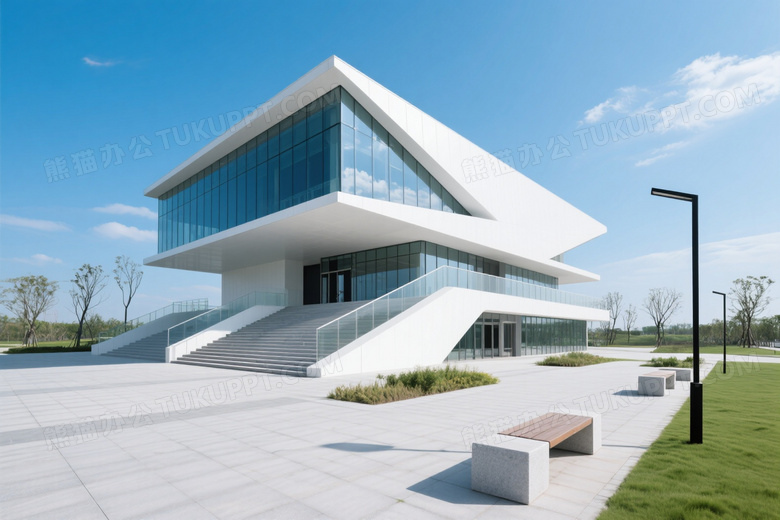 白色流线型建筑广场全景图片
