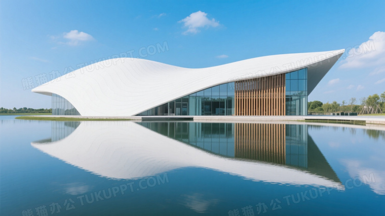 白色流线建筑临水倒影对称图片