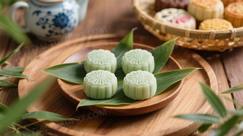 浅绿冰皮月饼竹叶俯拍图片