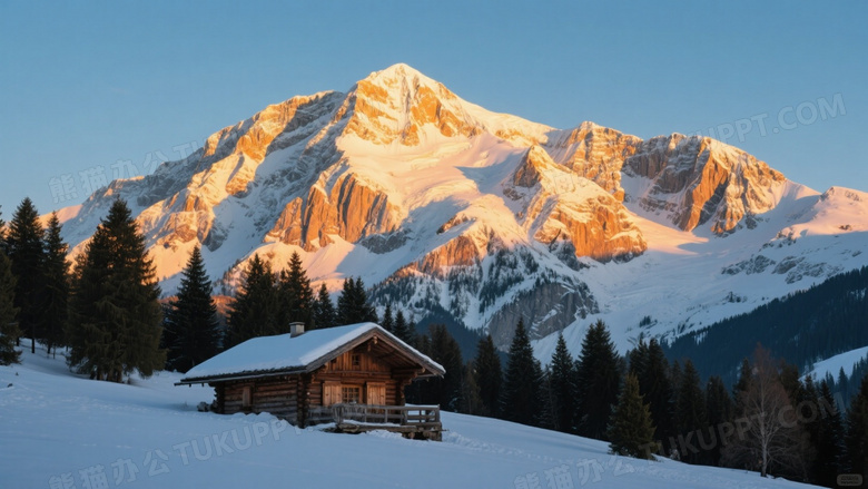 雪峰晨光山屋雪松林图片