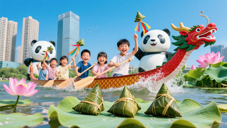 亚洲儿童龙舟划桨欢笑图片