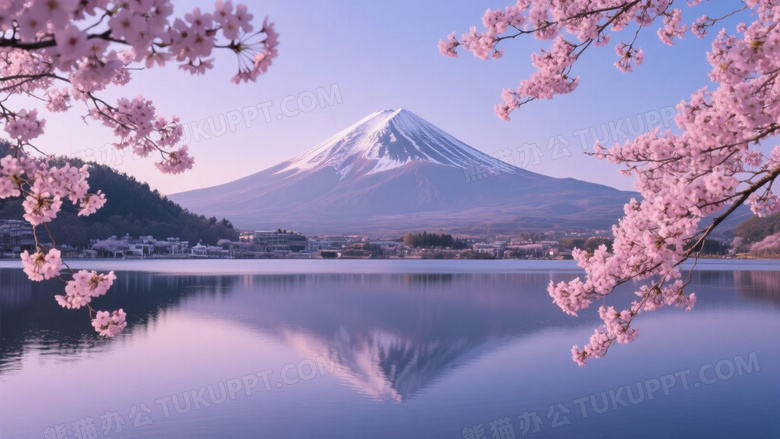 富士山樱花湖面倒影清晨图片