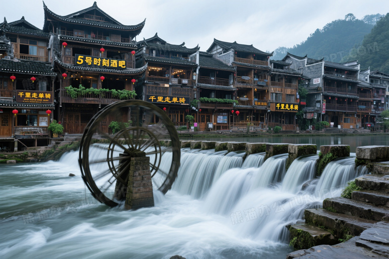 古朴水车溪流转动吊脚楼背景图片