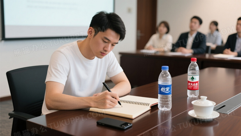 亚洲男性会议桌前书写图片