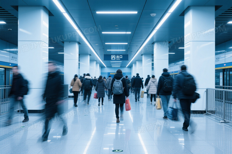 通勤人群穿行地铁站动态图片