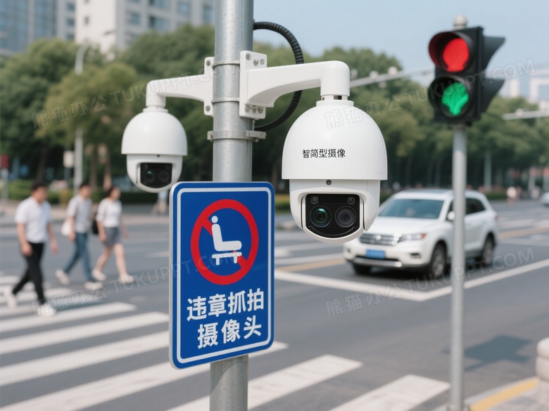 智简型摄像头与警示牌特写图片