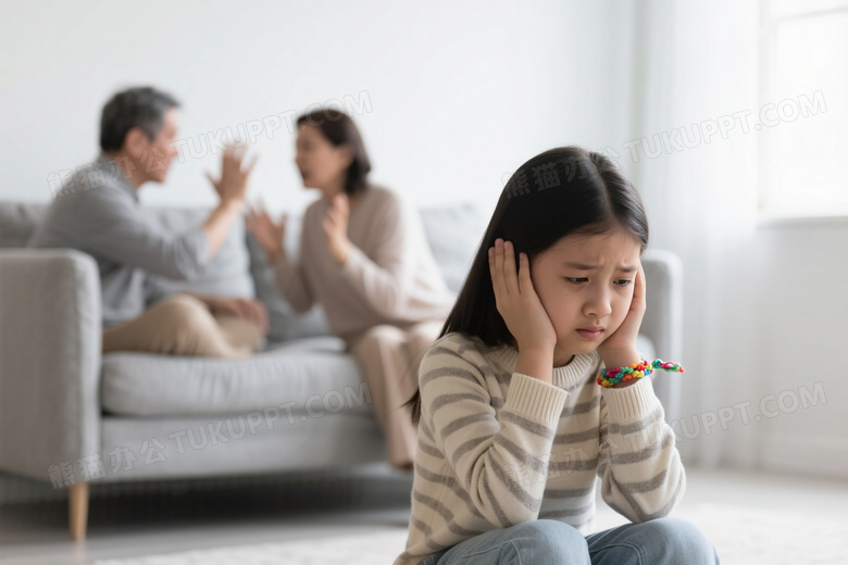 焦虑女孩捂耳蹲坐室内争执背景图片