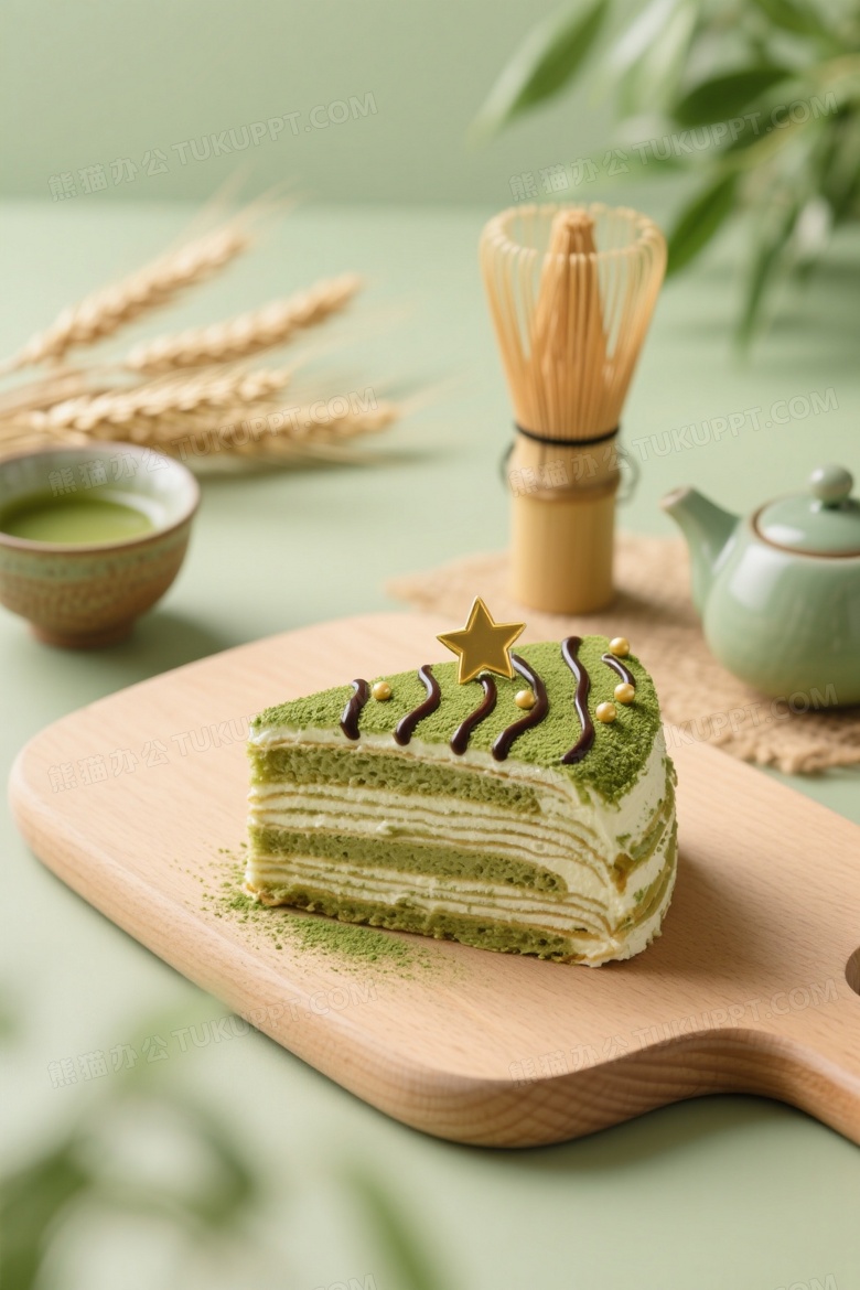 抹茶千层蛋糕俯拍特写图片