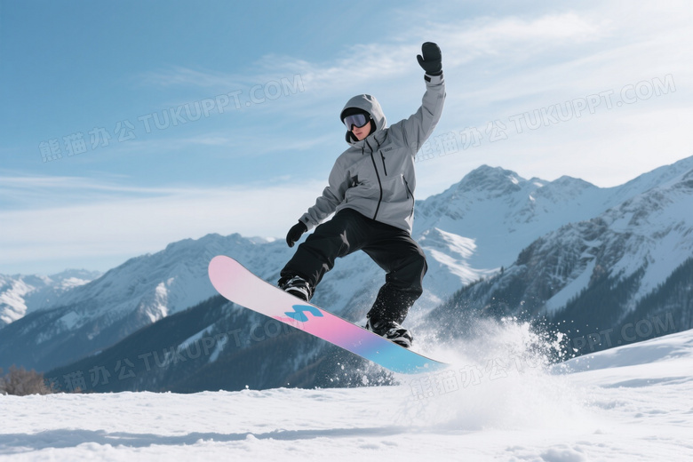 单板滑雪者腾空跃起逆光图片
