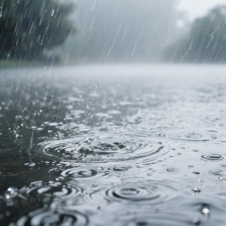 大雨水面涟漪与雨丝轨迹图片