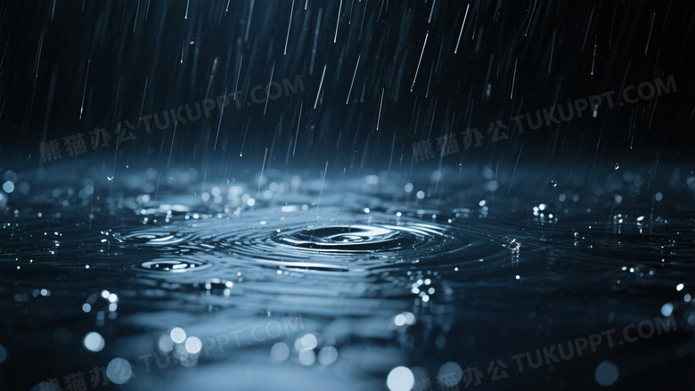 垂直雨丝击打水面特写图片
