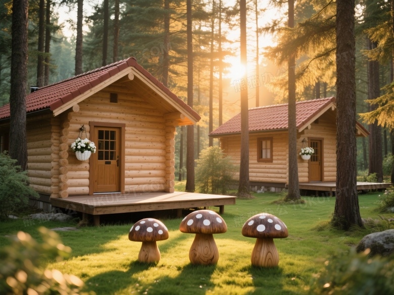 森林原木小屋与木雕蘑菇夕阳图片