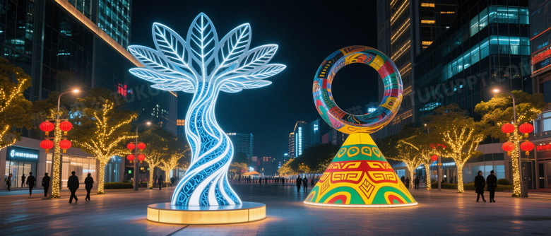 城市广场双雕塑夜景图片