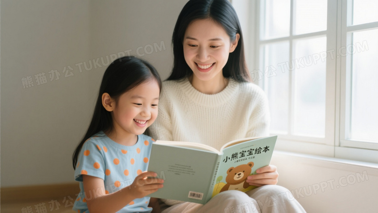 母女窗边共读绘本柔光图片