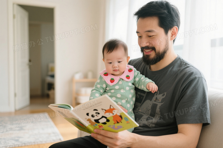 父亲抱婴儿共读绘本柔光图片