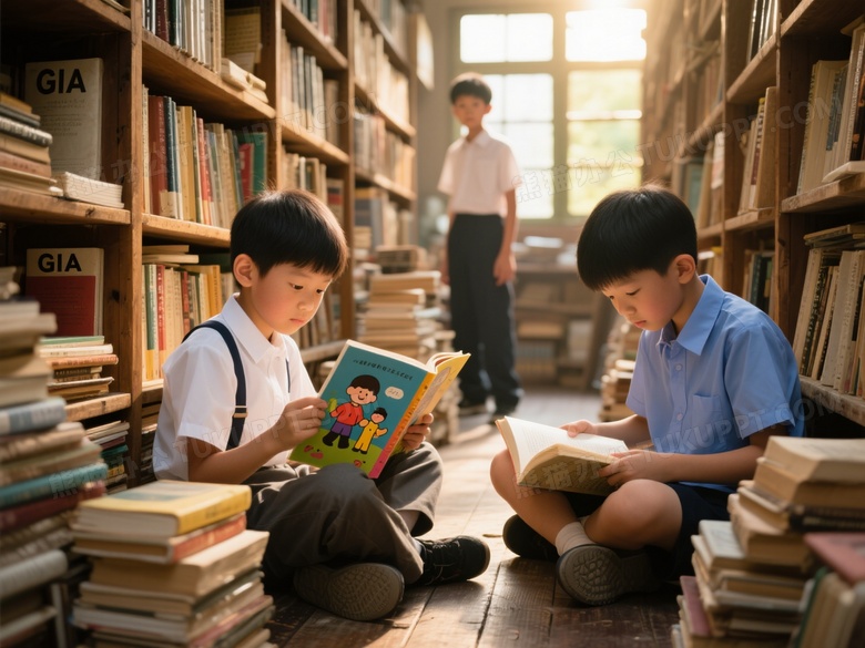 男孩旧书店阅读绘本教科书图片
