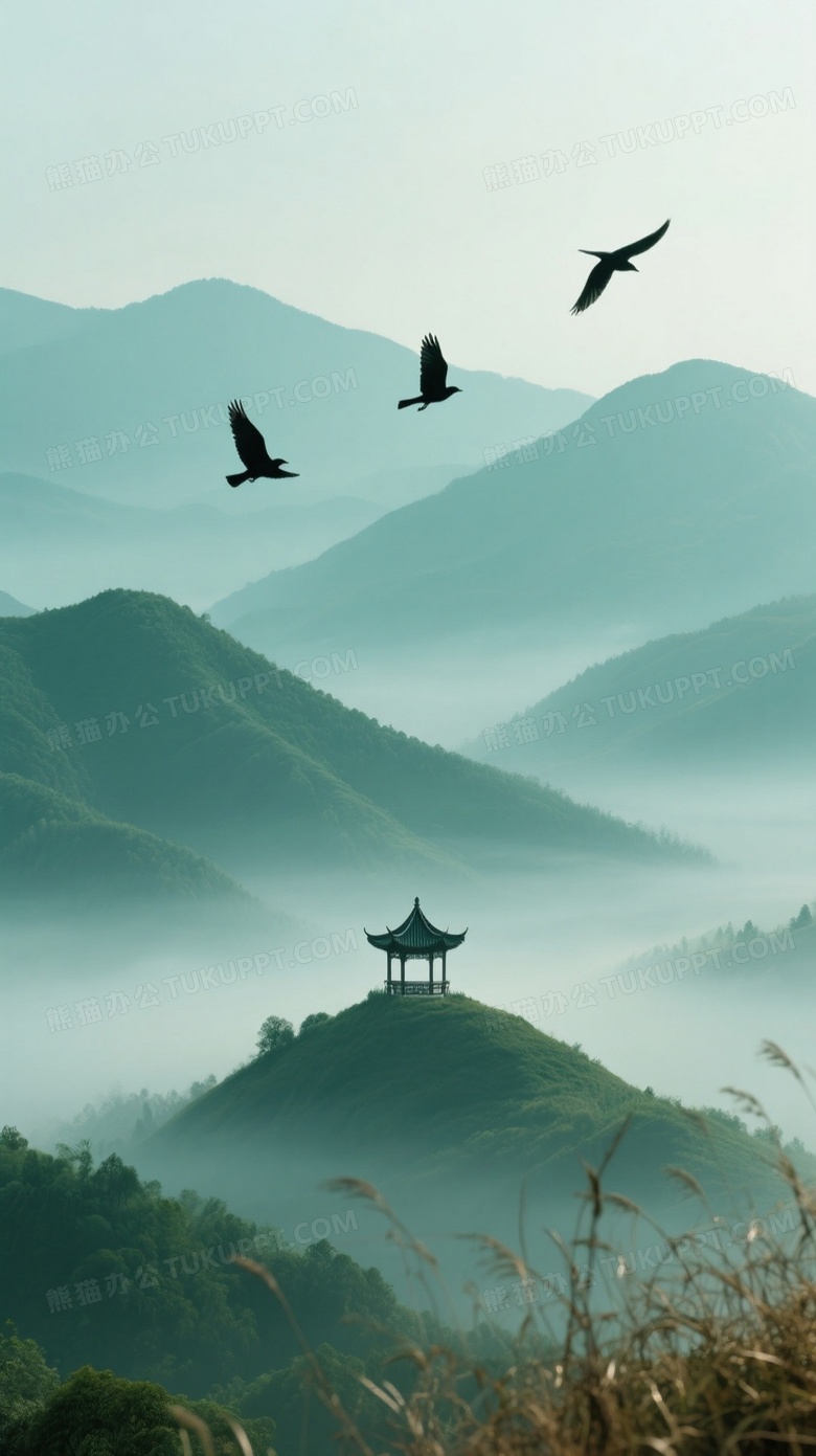 飞鸟剪影山峦亭台柔光图片