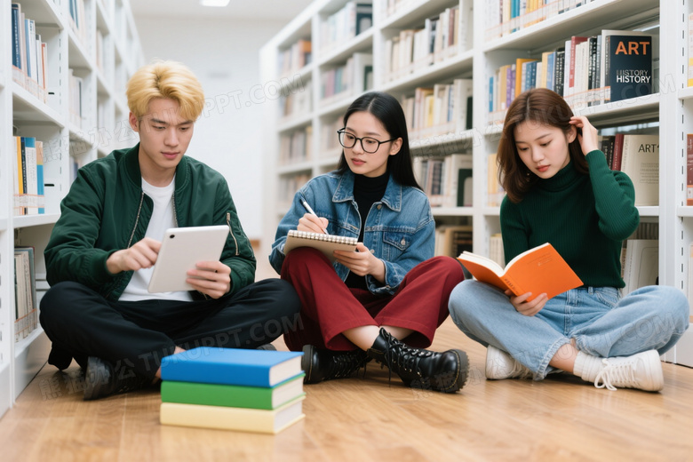 三位学生图书馆学习场景图片