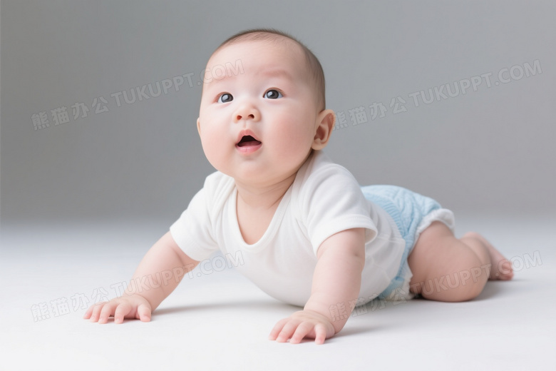婴儿趴卧抬头望镜头柔光图片