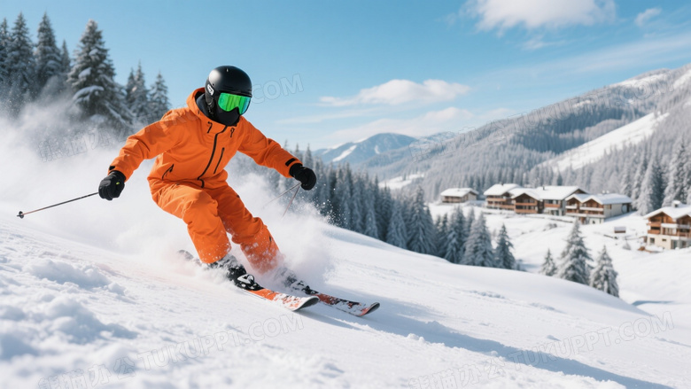滑雪者雪坡高速滑行动感图片
