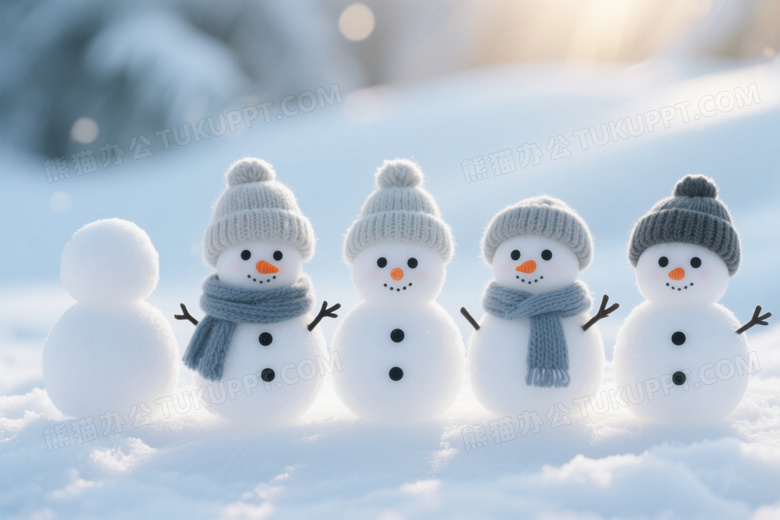 五个迷你雪人雪地排列逆光图片