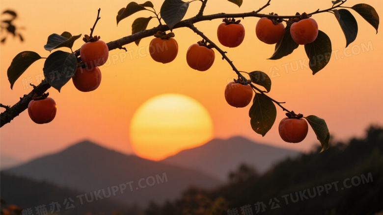 柿子树枝剪影落日背景图片