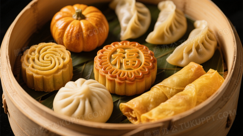 竹蒸笼中式点心俯拍图片