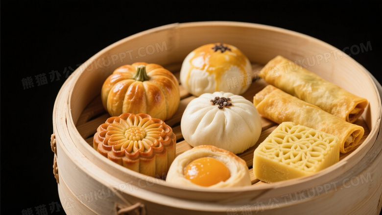 竹蒸笼中式点心俯拍图片