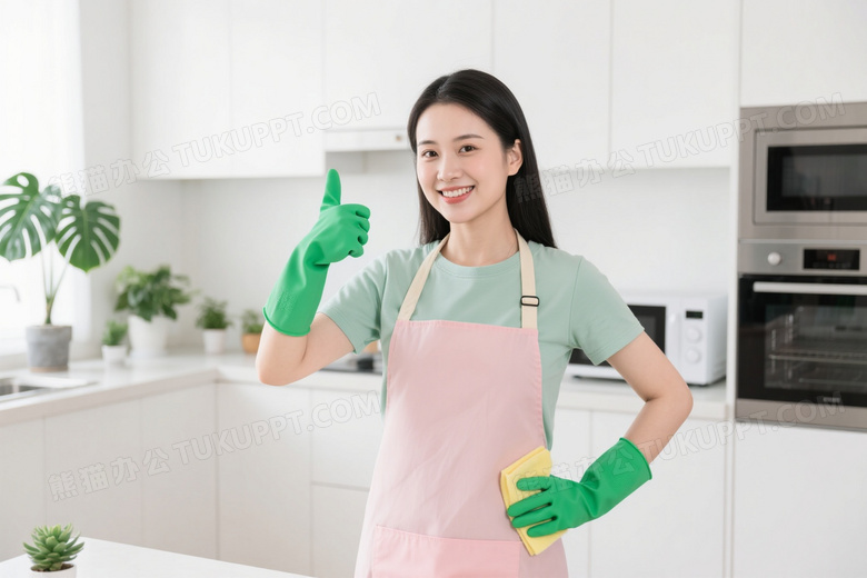 亚洲女性厨房微笑竖拇指图片