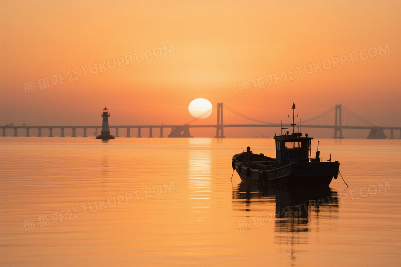 渔船剪影静泊海面夕阳图片