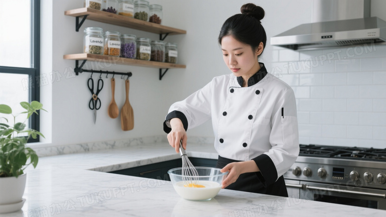 女厨师搅拌乳液现代厨房图片