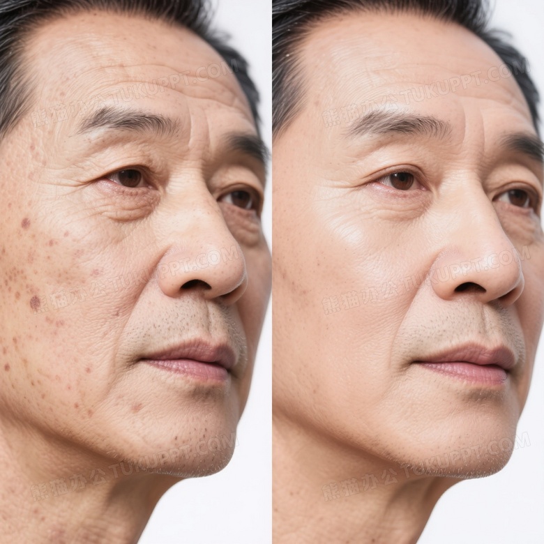 中年男性护肤前后对比特写图片