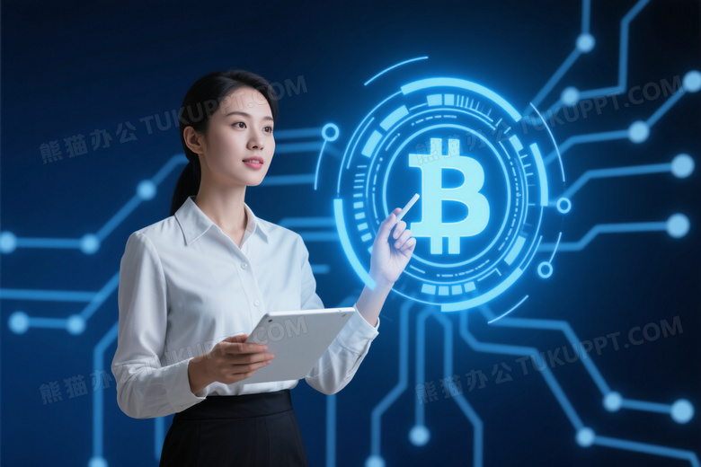 亚洲女性指向全息比特币符号图片