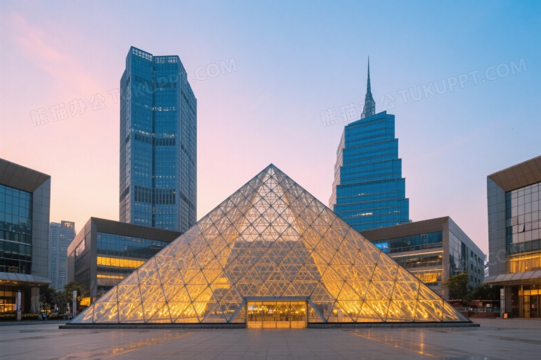 城市广场玻璃金字塔建筑群黄昏图片
