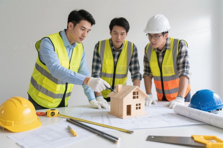 建筑工程师围讨论图纸模型图片
